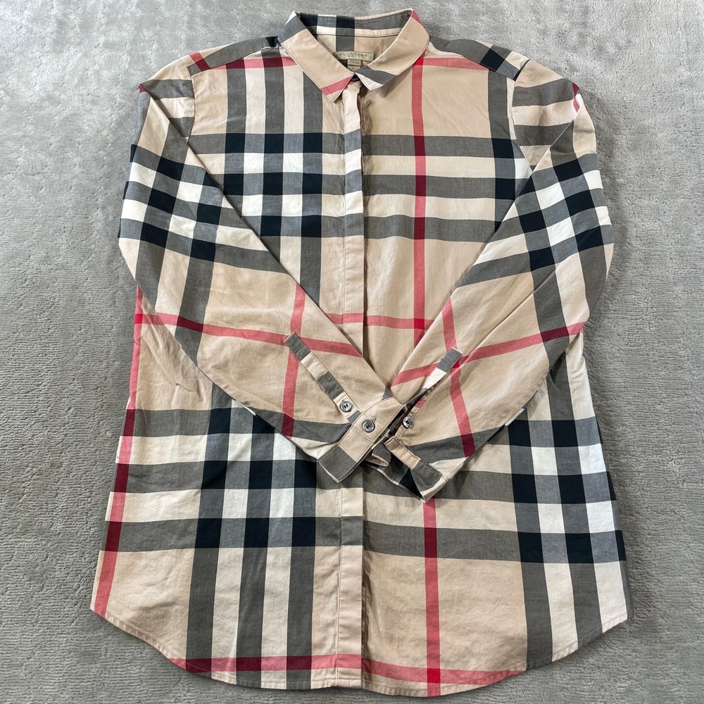 Burberry Brit Shirt Womens XL Beige Oversized Nova Roll Tab Check Button Luxury